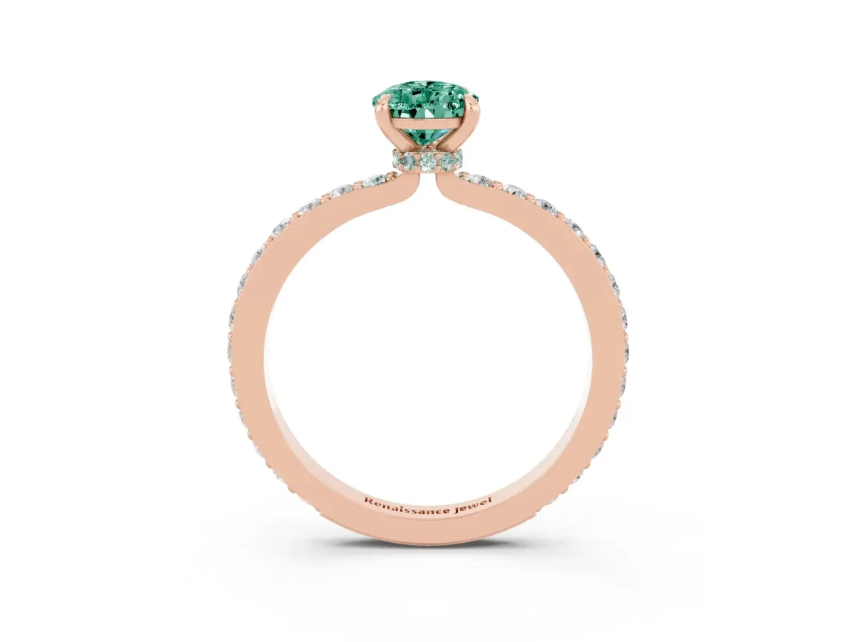 Pear Cut Green Sapphire Solitaire Engagement Ring with Pavé Band and Four-Prong Setting Rose gold