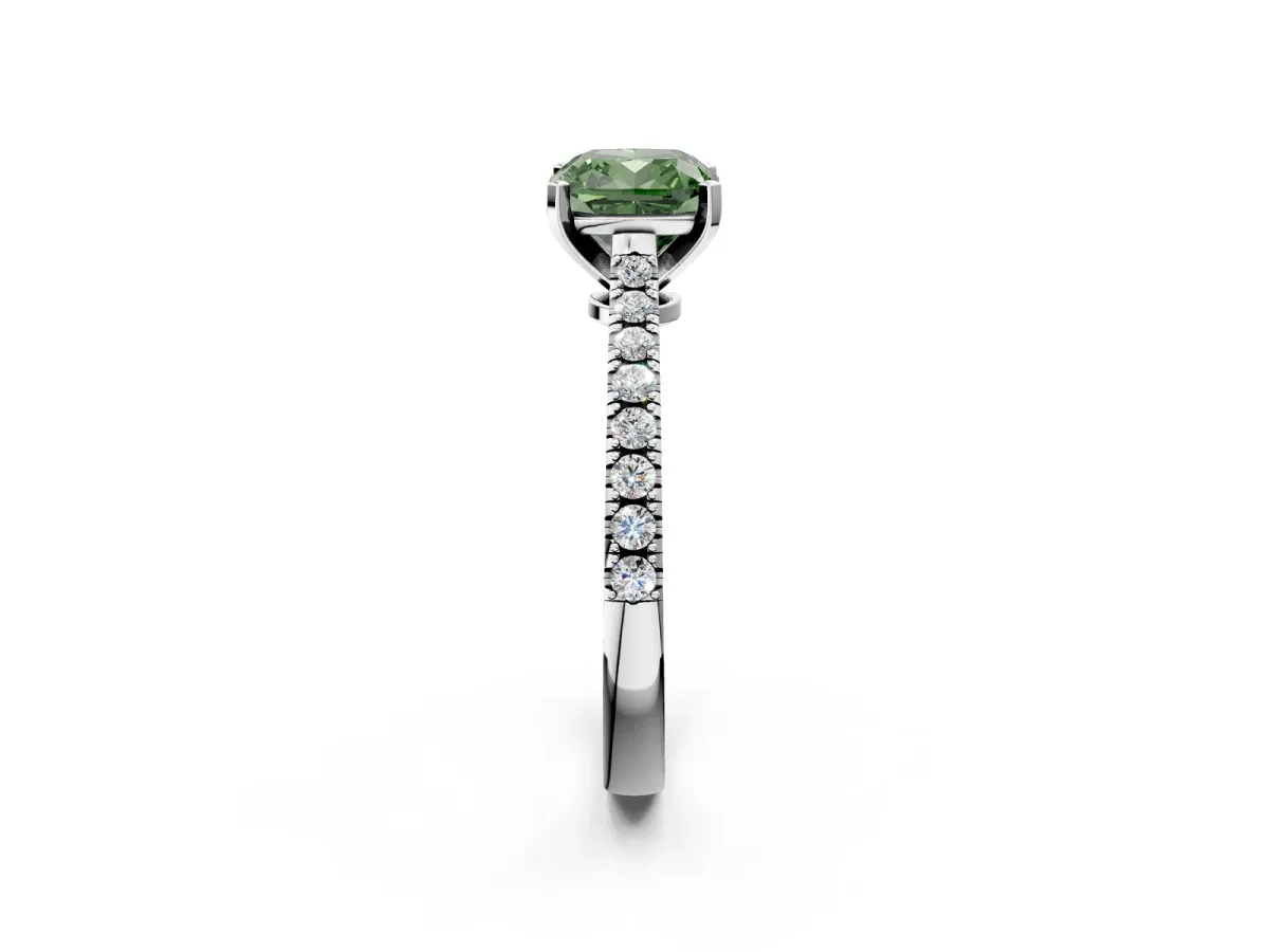 Fancy Green Cushion Cut Cut Solitaire Diamond Engagement Ring with Pave Band and Four-Prong Setting White gold
