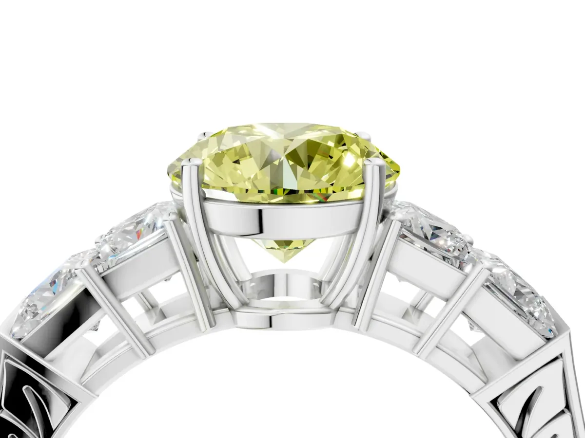 Fancy Yellow Round Cut Solitaire Princess Side Stone Engraved Band Prong Setting Ring Silver