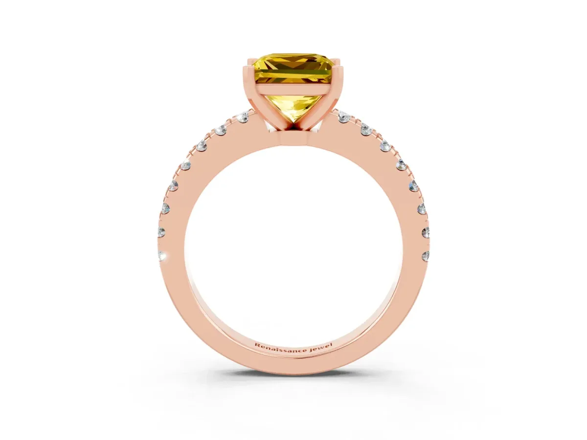 Princess Cut Solitaire Yellow Sapphire with Pavé Band and Four-Prong Setting Rose gold