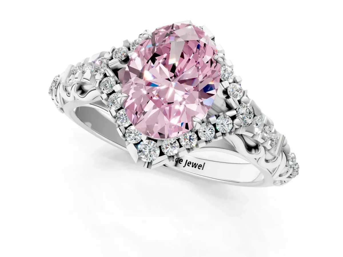 Fancy Pink Oval Cut Diamond Solitaire Ring with Hidden Halo and Pavé Band White gold