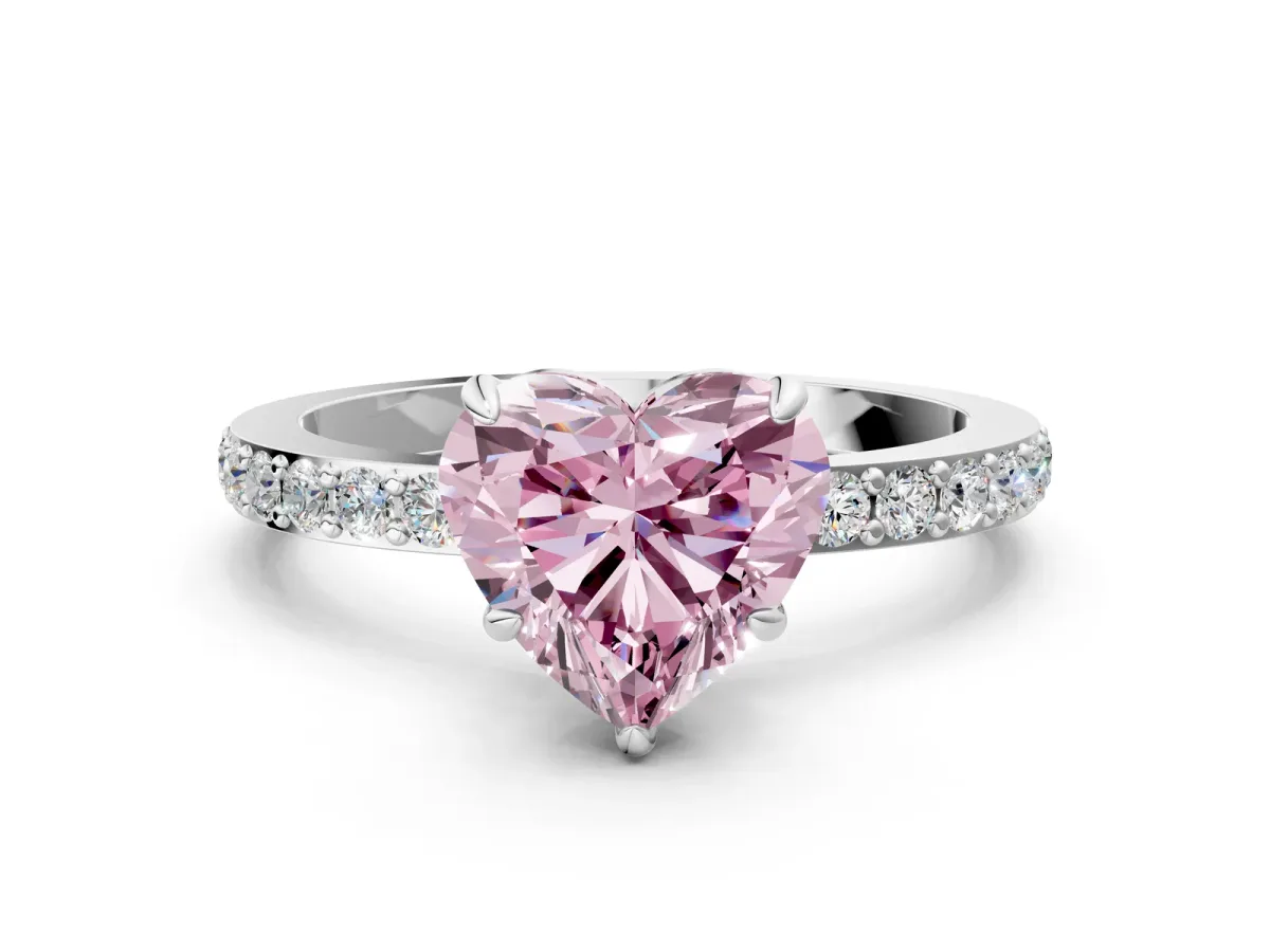 Fancy Pink Heart Cut Diamond Solitaire Engagement Ring with Pavé Band and Four-Prong Setting White gold