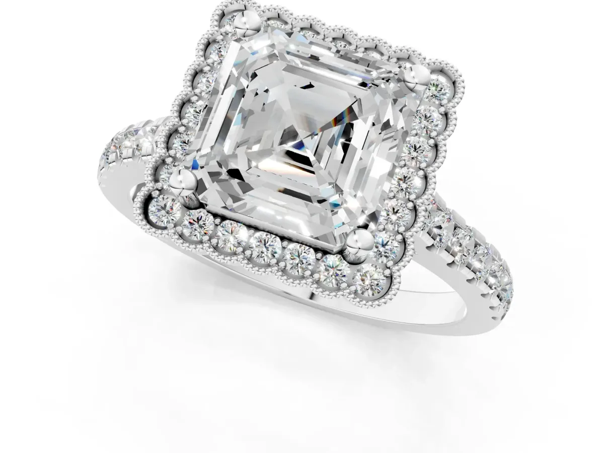 Asscher Cut Cut Diamond Milgrain Floral Halo Engagement Ring with Pavé Band Platinum