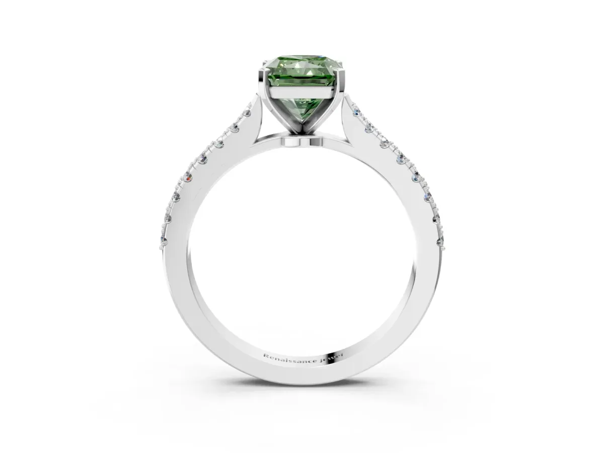 Fancy Green Radiant Cut Cut Solitaire Diamond Engagement Ring with Pave Band and Four-Prong Setting White gold