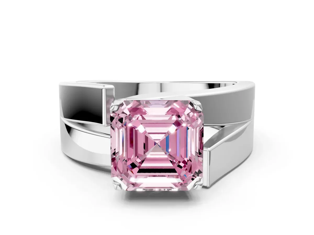 Fancy Pink Modern Tension Set Asscher Cut Diamond Solitaire Wide Band Ring Silver