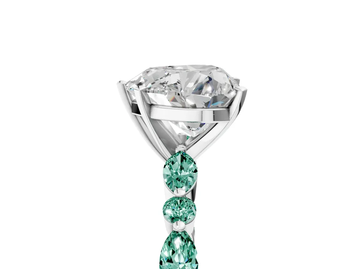Heart Cut Diamond Ring with Marquise and Round Green Sapphire Side Stones and Four-Prong Setting Silver
