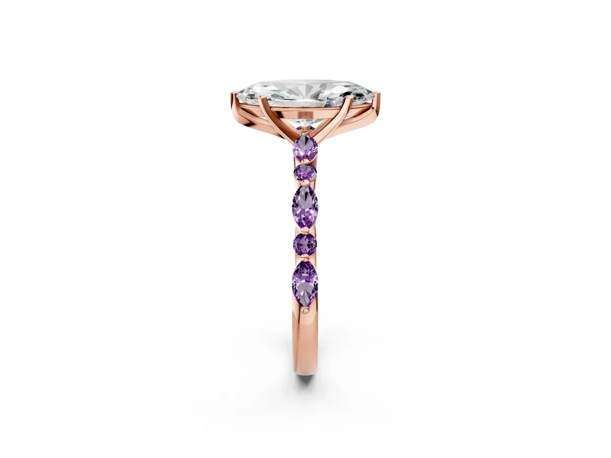 Marquise Cut Diamond Ring with Marquise and Round Amethyst Side Stones and Four-Prong Setting Rose gold
