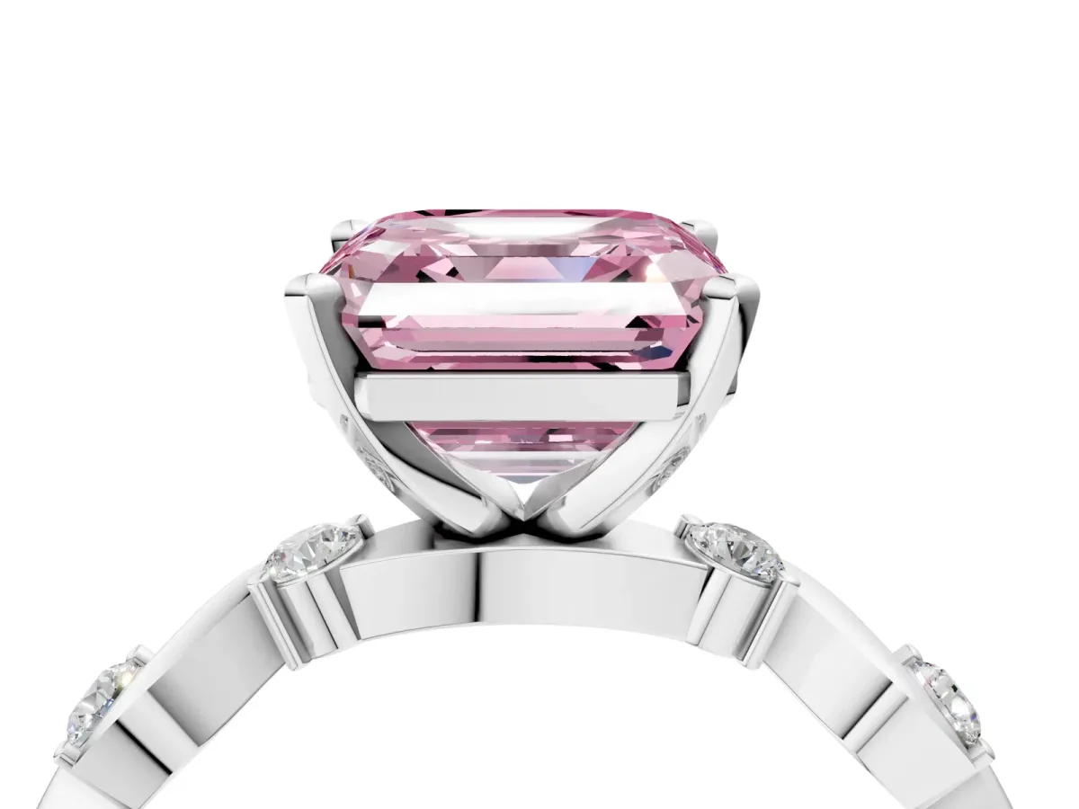 Fancy Pink Asscher Cut Diamond Solitaire Twisted Band with Round Accents and Prong Setting White gold