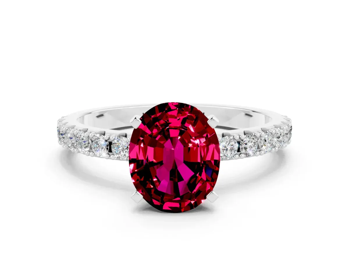 Oval Cut Garnet Solitaire Pavé Band with Four-Prong Setting Silver