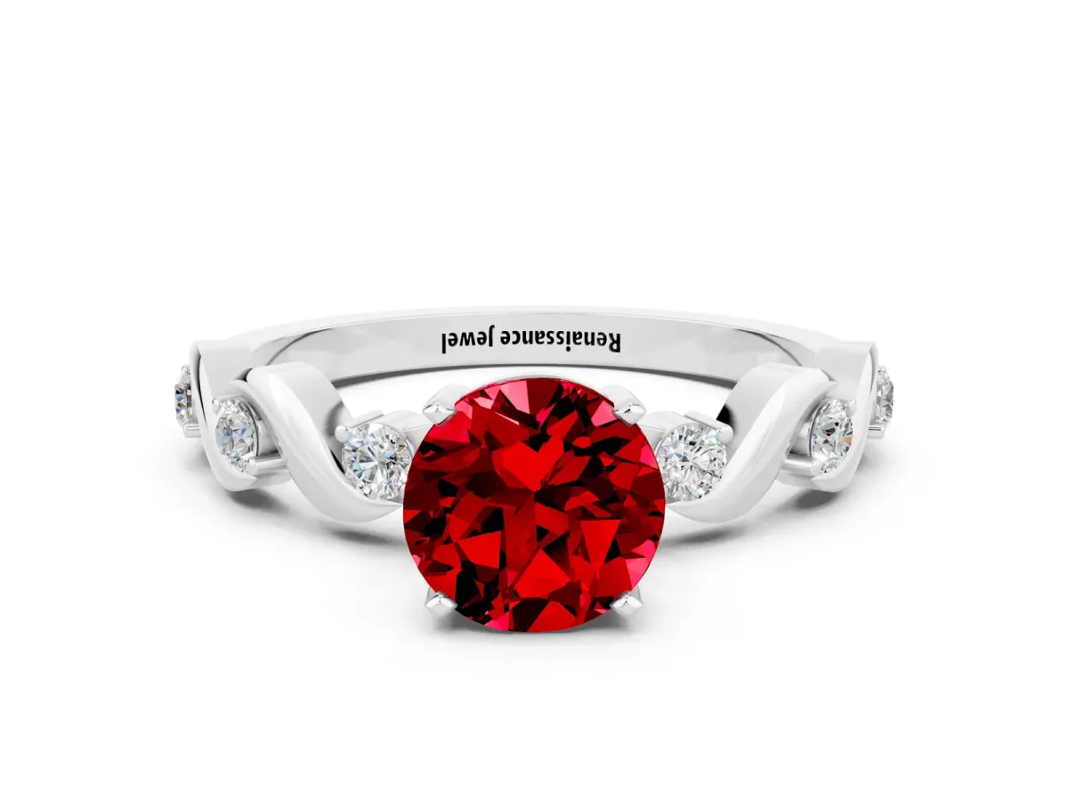 Round Cut Ruby Solitaire Twisted Band with Round Accents and Prong Setting Platinum