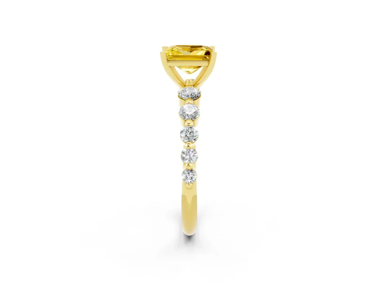 Princess Cut Solitaire Yellow Sapphire Ring with Pave Band and Four-Prong Setting Yellow gold