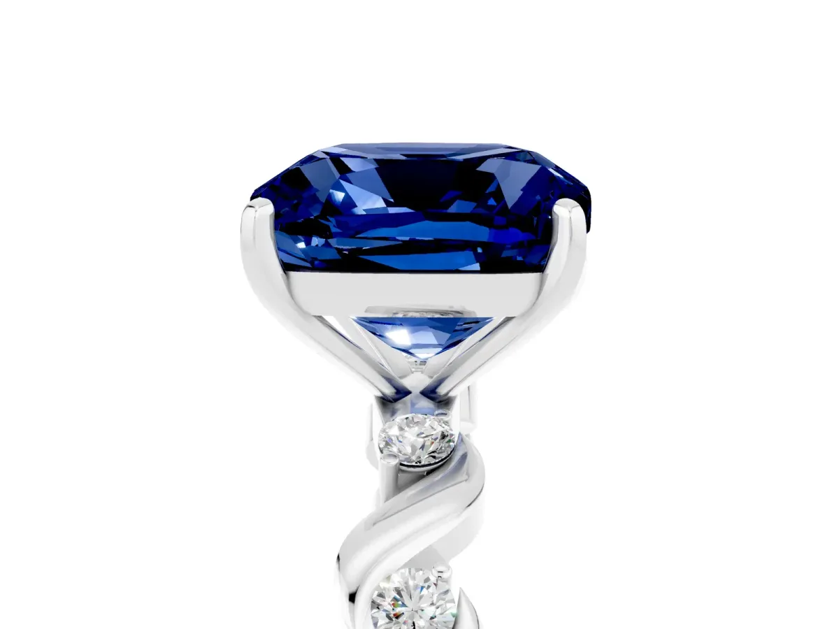 Cushion Cut Blue Sapphire Solitaire Twisted Band with Round Accents and Prong Setting White gold