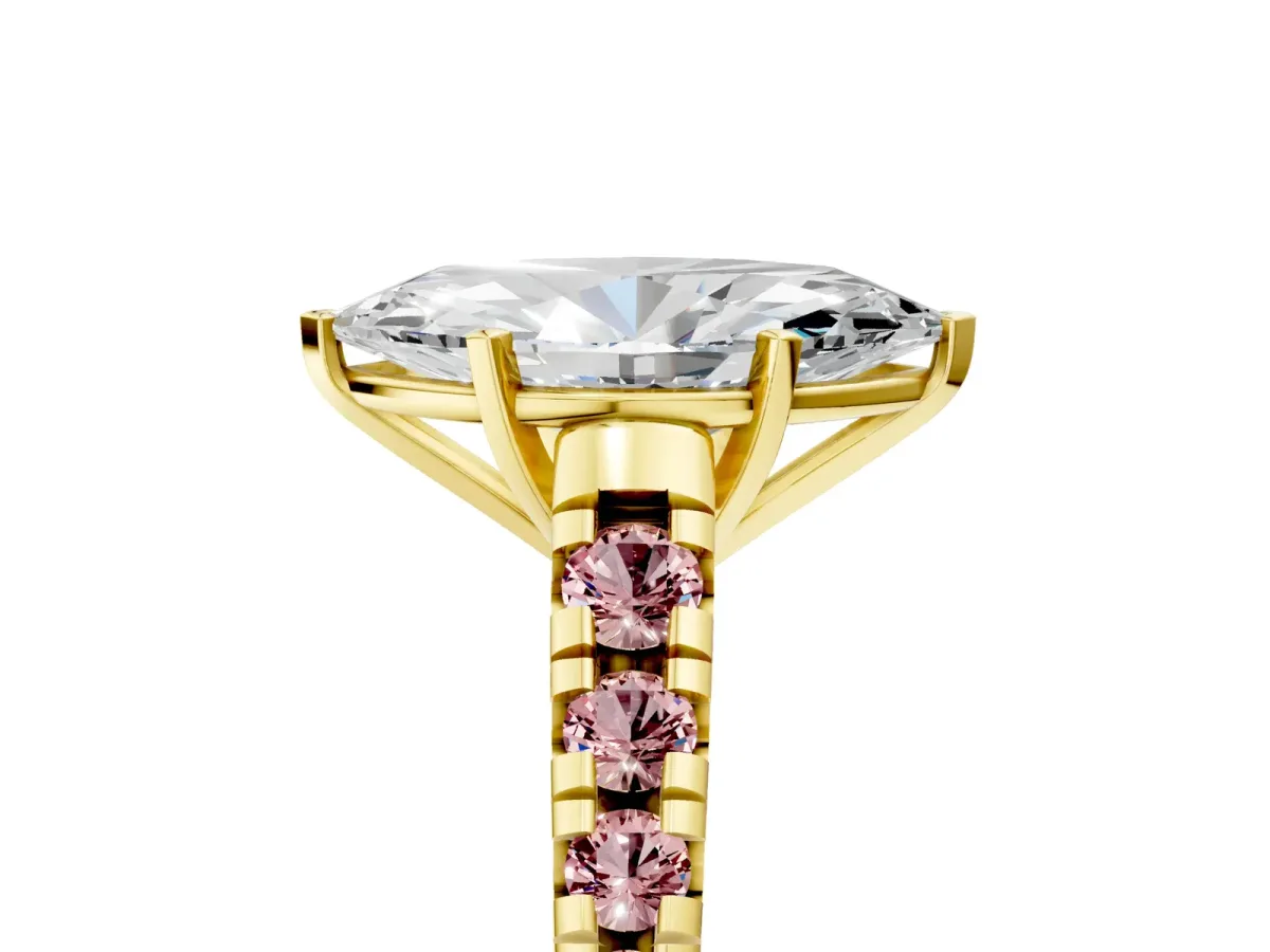 Marquise Cut Diamond Cathedral Solitaire Ring with Round Morganite Pavé Band Yellow gold