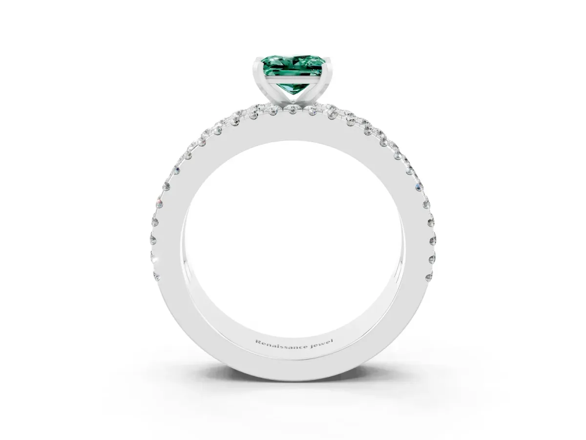 Princess Cut Green Sapphire Solitaire Ring with Pavé and Channel Set Band White gold