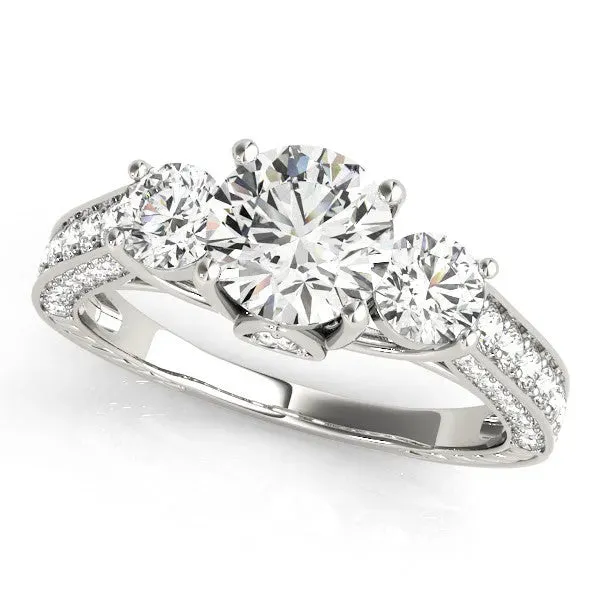 Three-Stone Round Cut Cut Diamond Engagement Ring with Split Shank and Prong Setting Silver