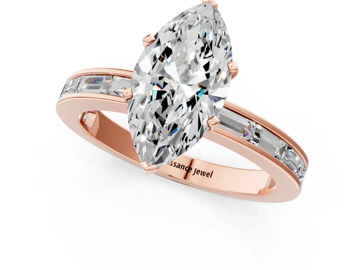 Marquise Cut Solitaire Diamond Ring with Channel-Set Baguette Band and Four-Prong Setting Rose gold