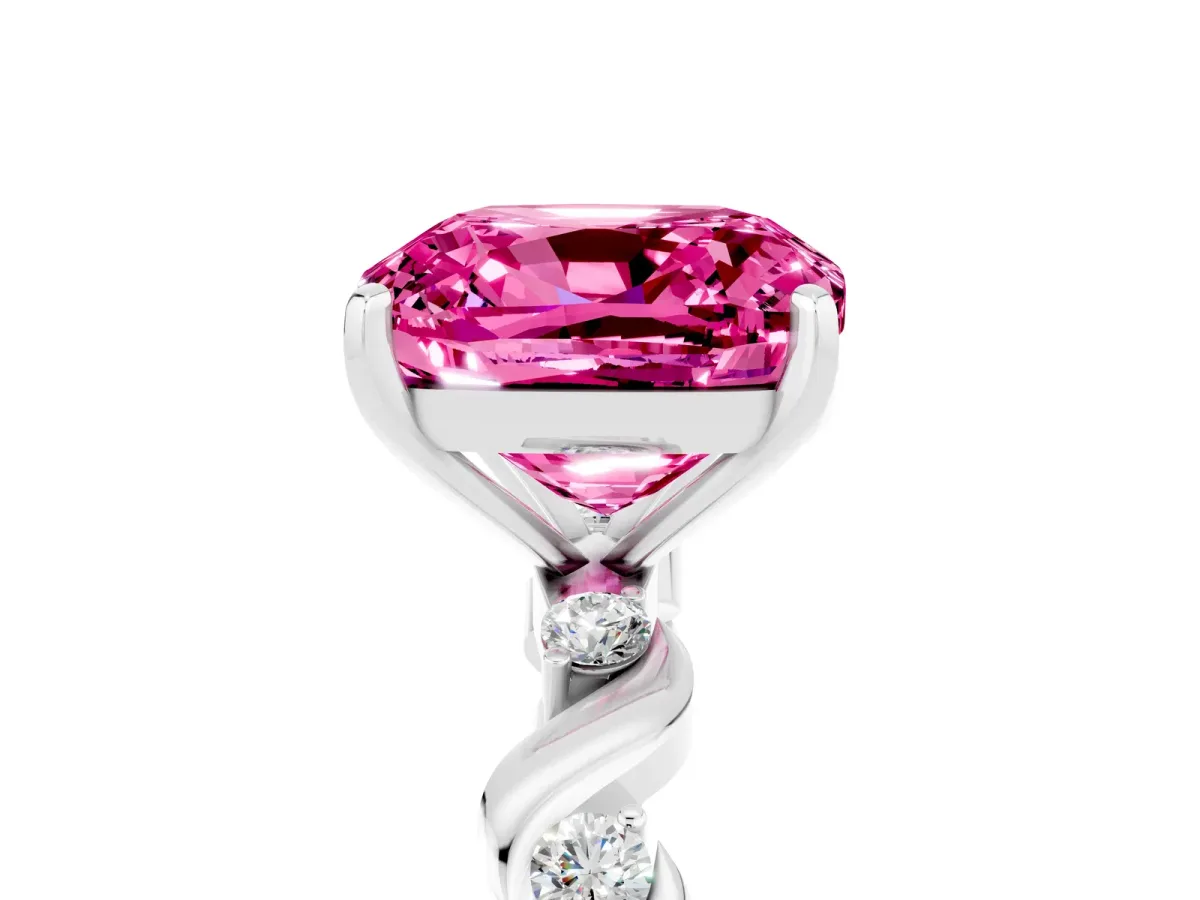 Cushion Cut Pink Sapphire Solitaire Twisted Band with Round Accents and Prong Setting White gold