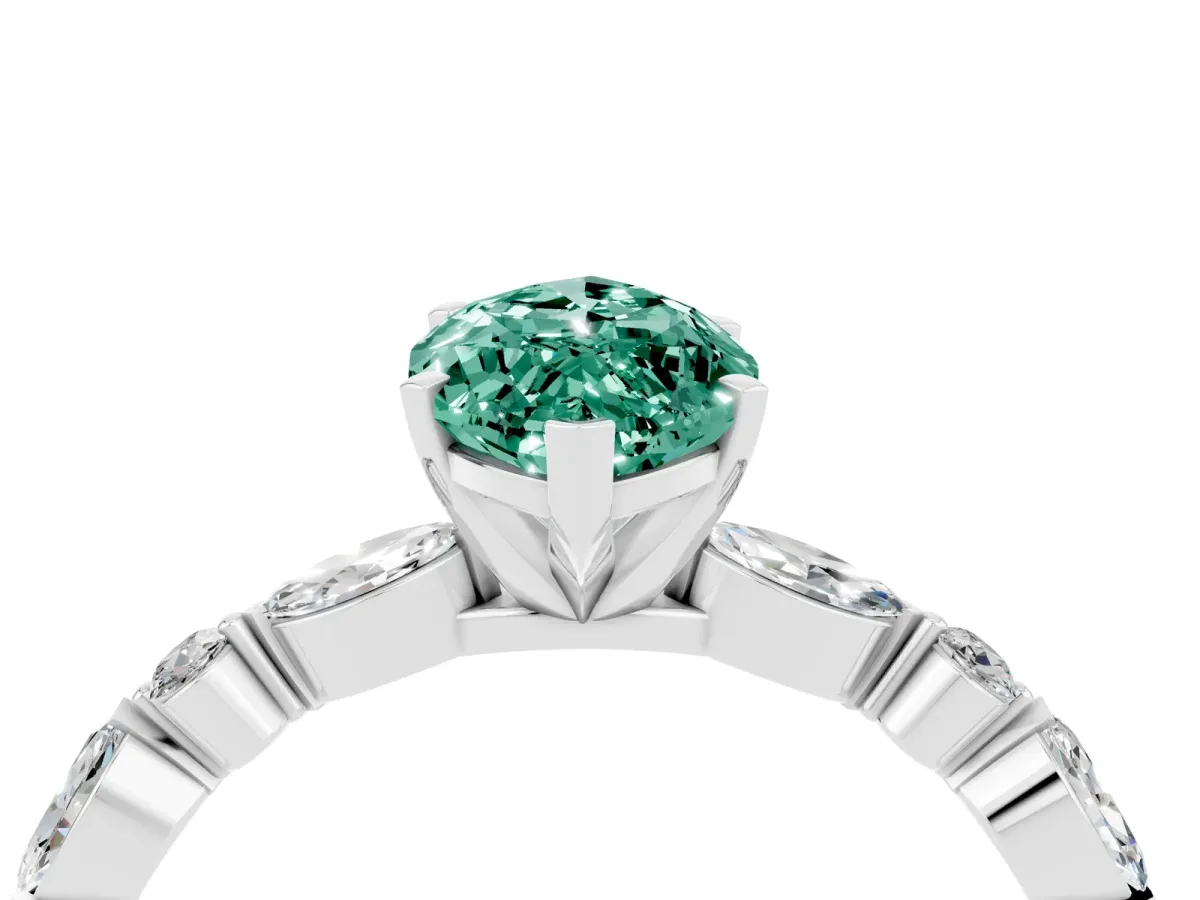 Marquise Cut Green Sapphire Ring with Marquise and Round Side Stones and Four-Prong Setting White gold