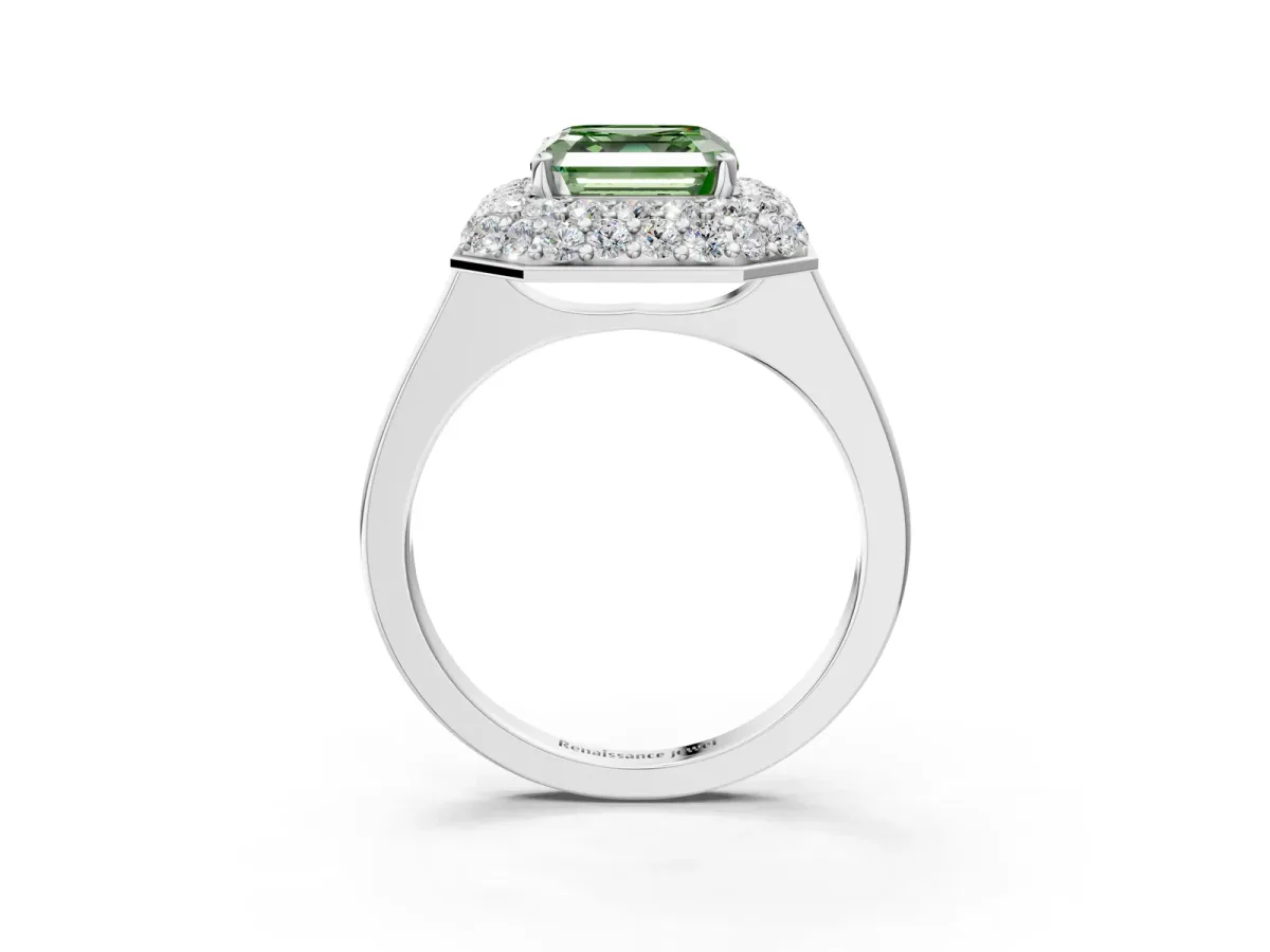 Fancy Green Asscher Cut Halo Diamond Engagement Ring with Solitaire Band and Four-Prong Setting Platinum