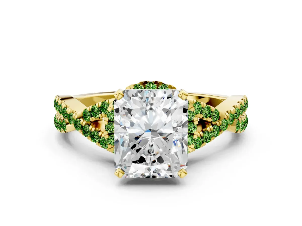 Radiant Cut Diamond Peridot Halo Twist Band Solitaire Prong Setting Ring Yellow gold