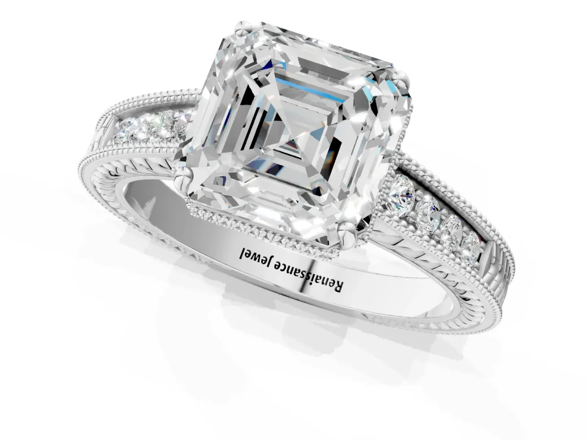 Asscher Cut Cut Diamond Milgrain Pave Band Four-Prong Setting Ring Platinum