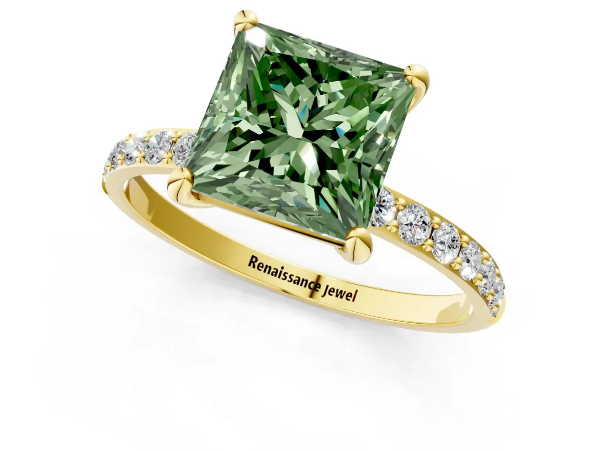 Fancy Green Princess Cut Diamond Solitaire Ring with Round Pavé Band and Prong Setting Yellow gold