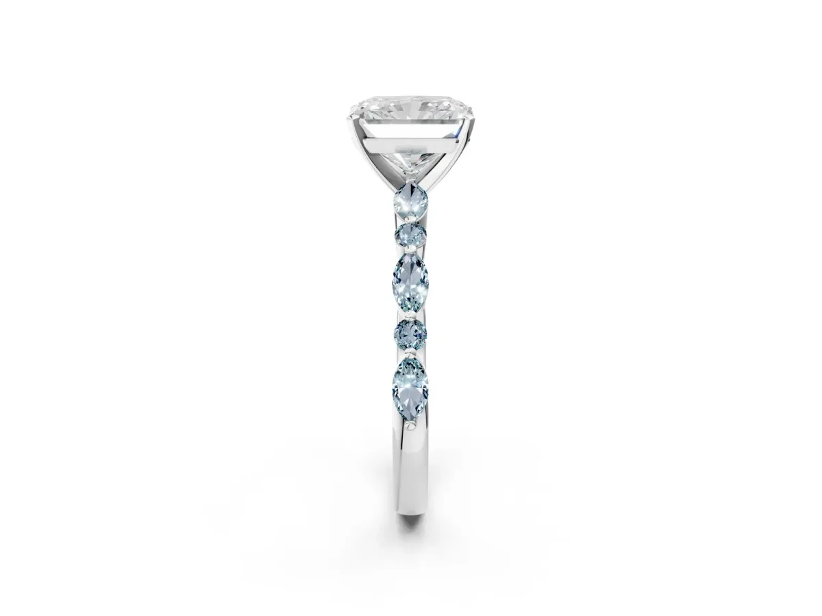 Radiant Cut Diamond Ring with Marquise and Round Aquamarine Side Stones and Four-Prong Setting Platinum