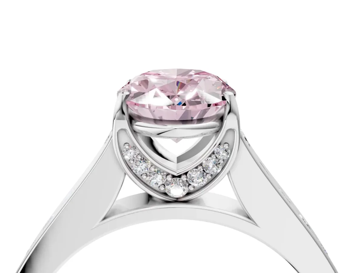 Fancy Pink Oval Cut Brilliant Cut Diamond Engagement Ring with Pavé Band and Four-Prong Setting Platinum