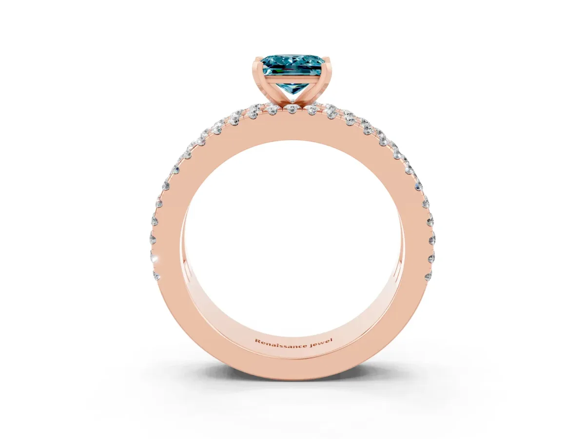 Princess Cut Blue Topaz Solitaire Ring with Pavé and Channel Set Band Rose gold