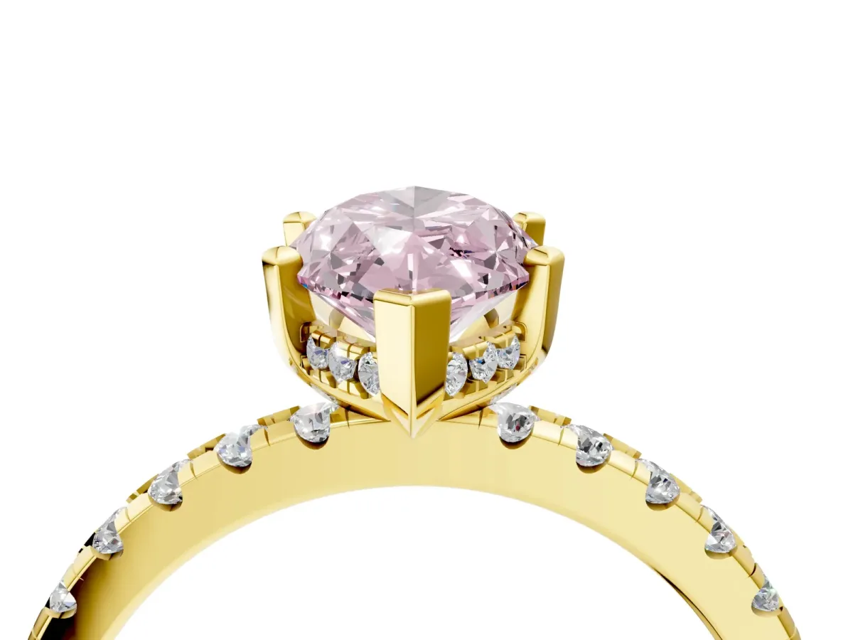 Fancy Pink Marquise Cut Diamond Solitaire Ring with Round Pavé Band and Four-Prong Setting Yellow gold