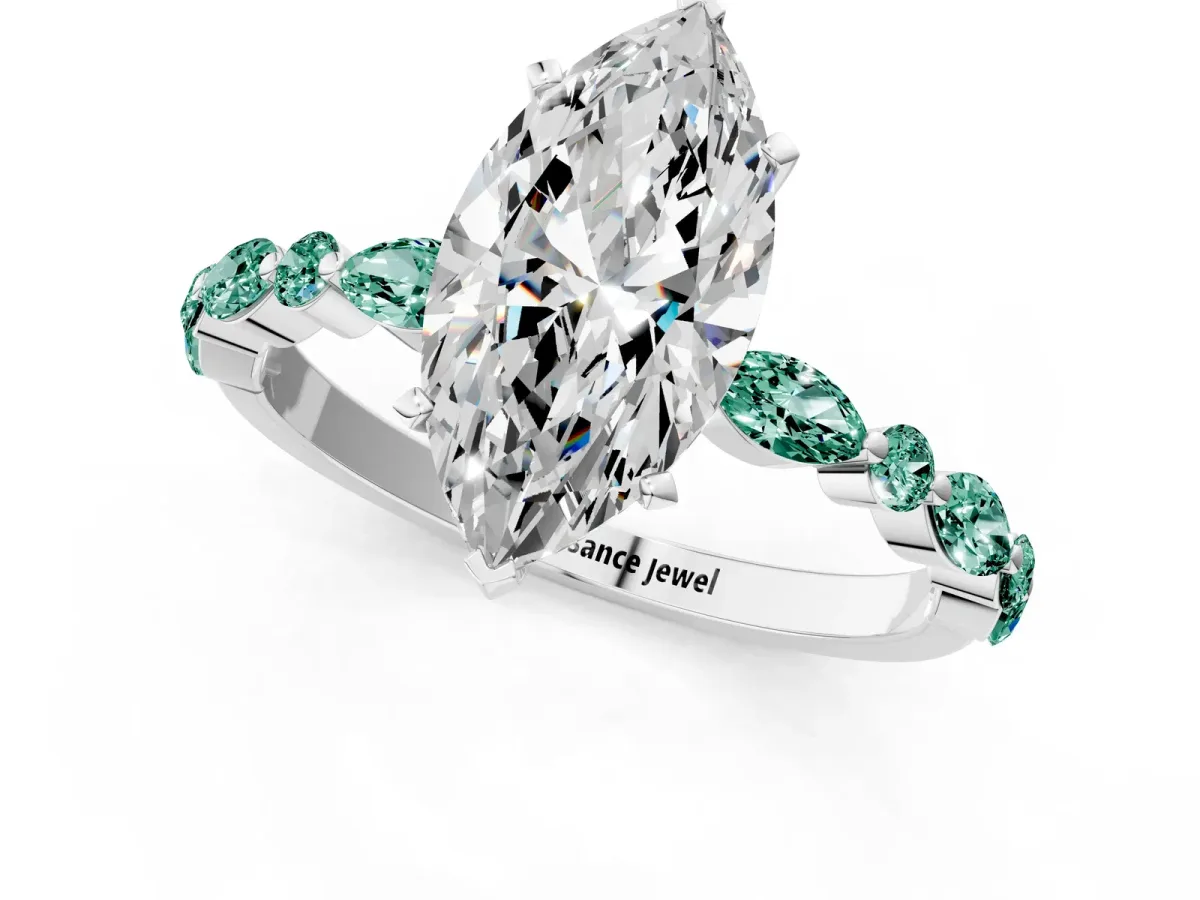 Marquise Cut Diamond Ring with Marquise and Round Green Sapphire Side Stones and Four-Prong Setting Platinum
