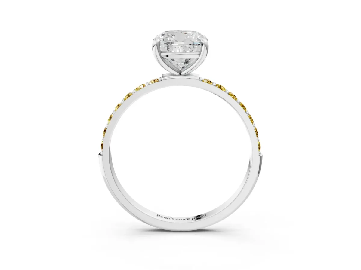 Cushion Cut Diamond Solitaire Ring with Round Yellow Sapphire Pavé Band and Prong Setting White gold