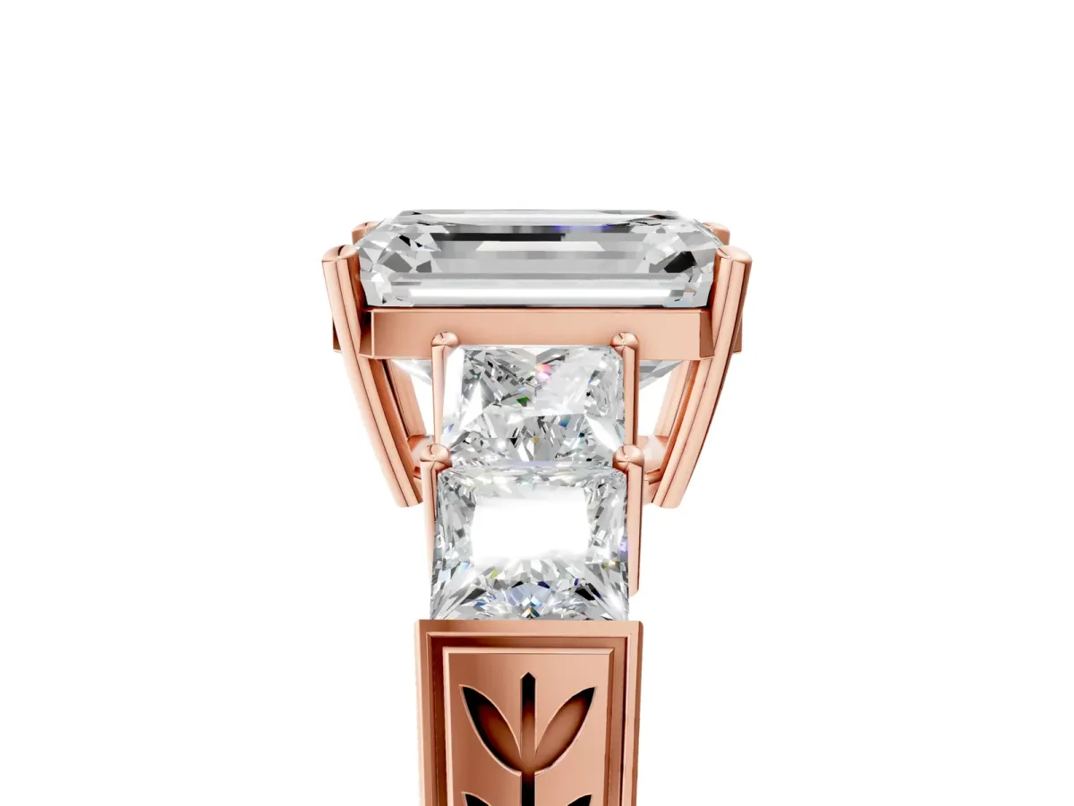 Emerald Cut Solitaire Princess Side Stone Engraved Band Prong Setting Ring Rose gold