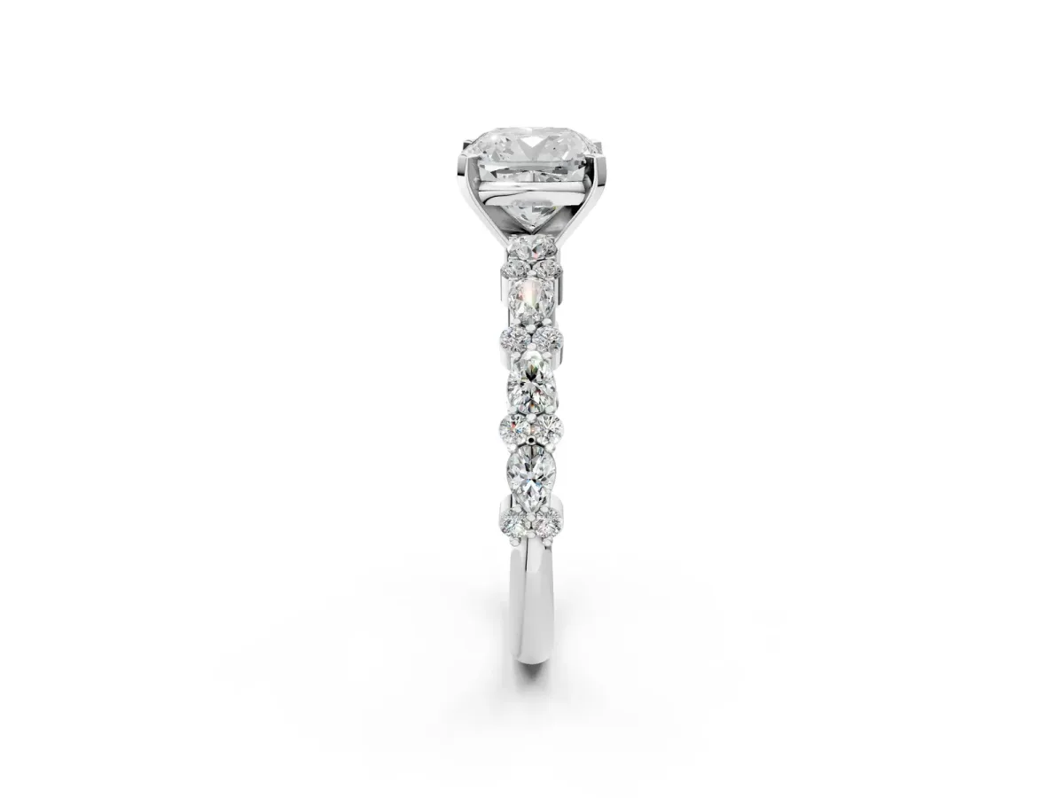 Cushion Cut Diamond Side Stone Solitaire Ring with Round and Four-Prong Setting Platinum