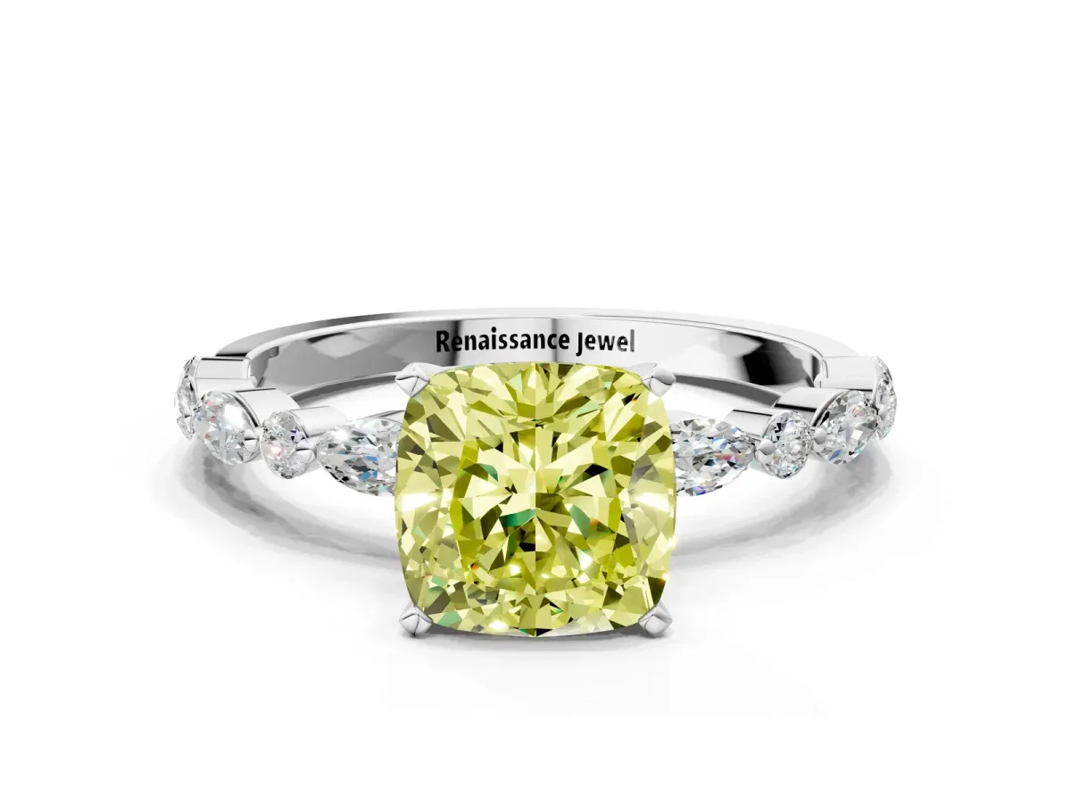 Fancy Yellow Cushion Cut Diamond Ring with Marquise and Round Side Stones and Four-Prong Setting Platinum