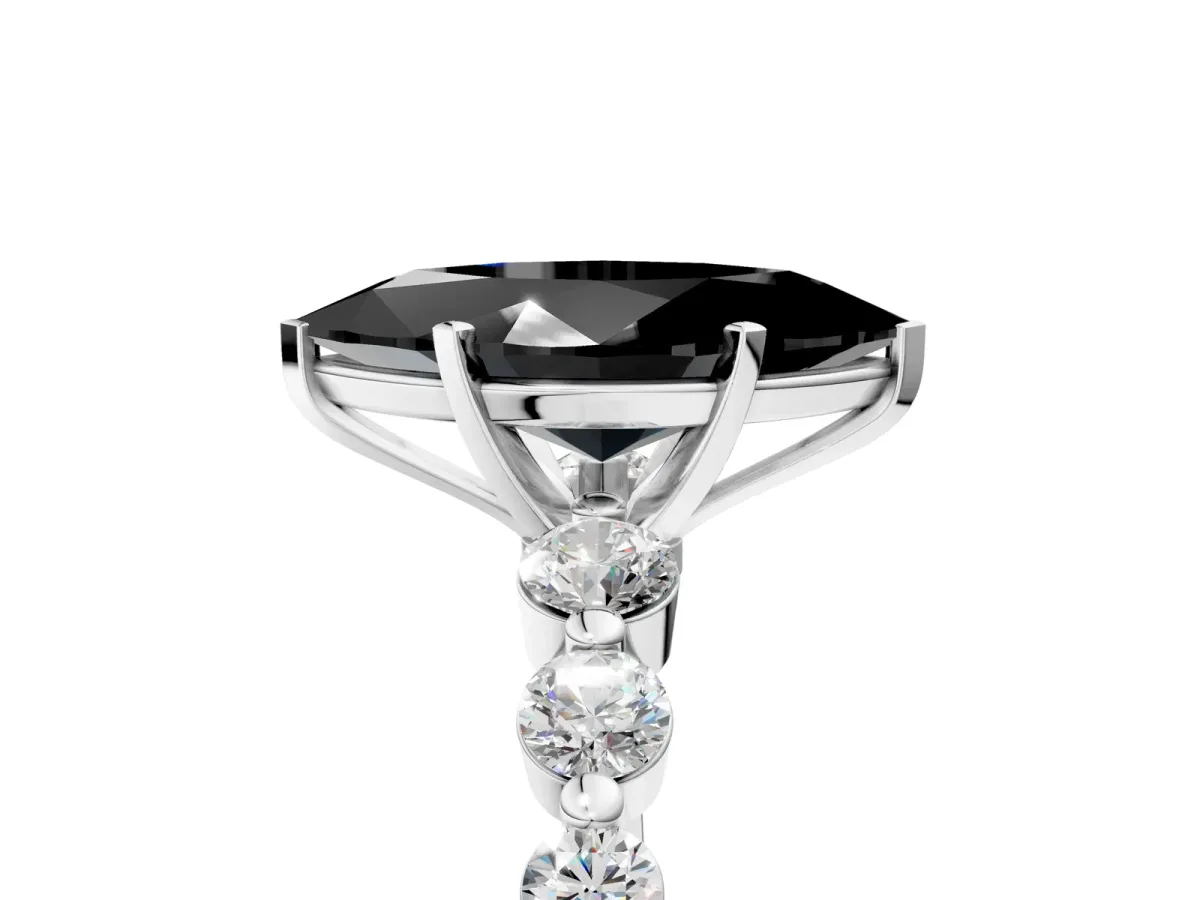 Fancy Black Marquise Cut Solitaire Diamond Ring with Pave Band and Four-Prong Setting Silver