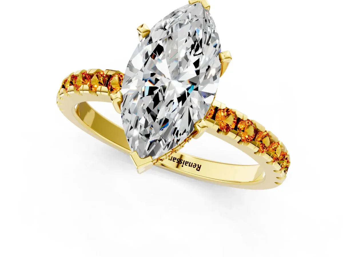 Marquise Cut Diamond Solitaire Ring with Round Citrine Pavé Band and Four-Prong Setting Yellow gold