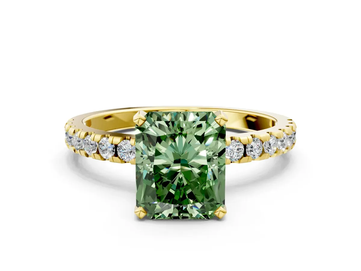 Fancy Green Radiant Cut Diamond Solitaire Ring with Round Pavé Band and Four-Prong Setting Yellow gold