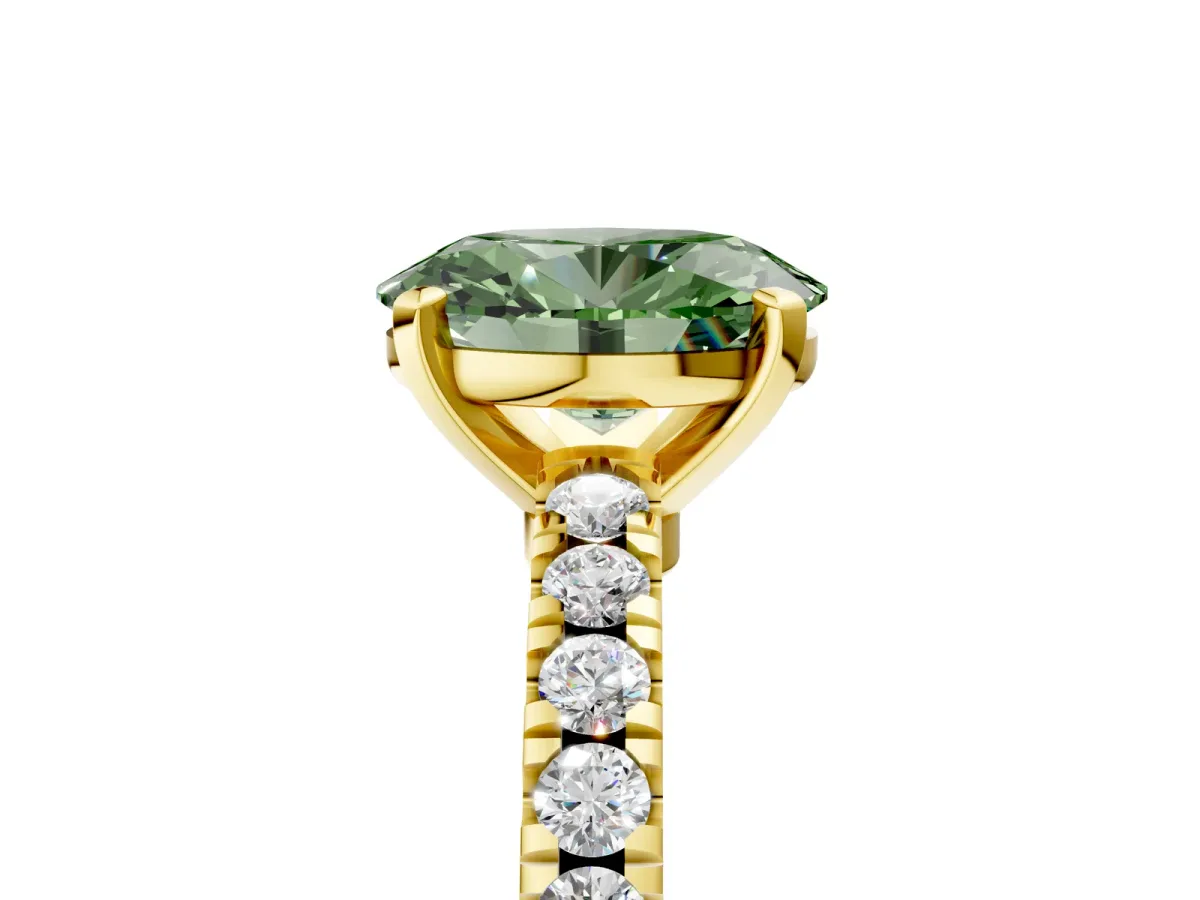 Fancy Green Oval Cut Solitaire Diamond with Pavé Band and Four-Prong Setting Yellow gold