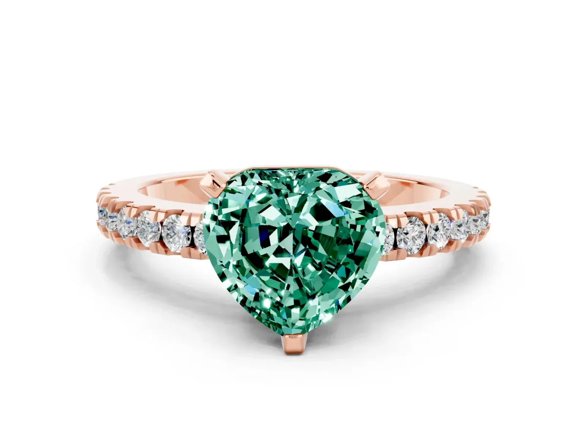 Heart Cut Solitaire Green Sapphire with Pavé Band and Four-Prong Setting Rose gold