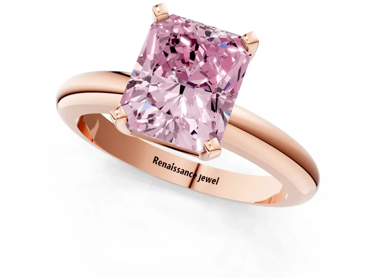 Fancy Pink Radiant Cut Diamond Solitaire Engagement Ring with Round Band and Four-Prong Setting Rose gold