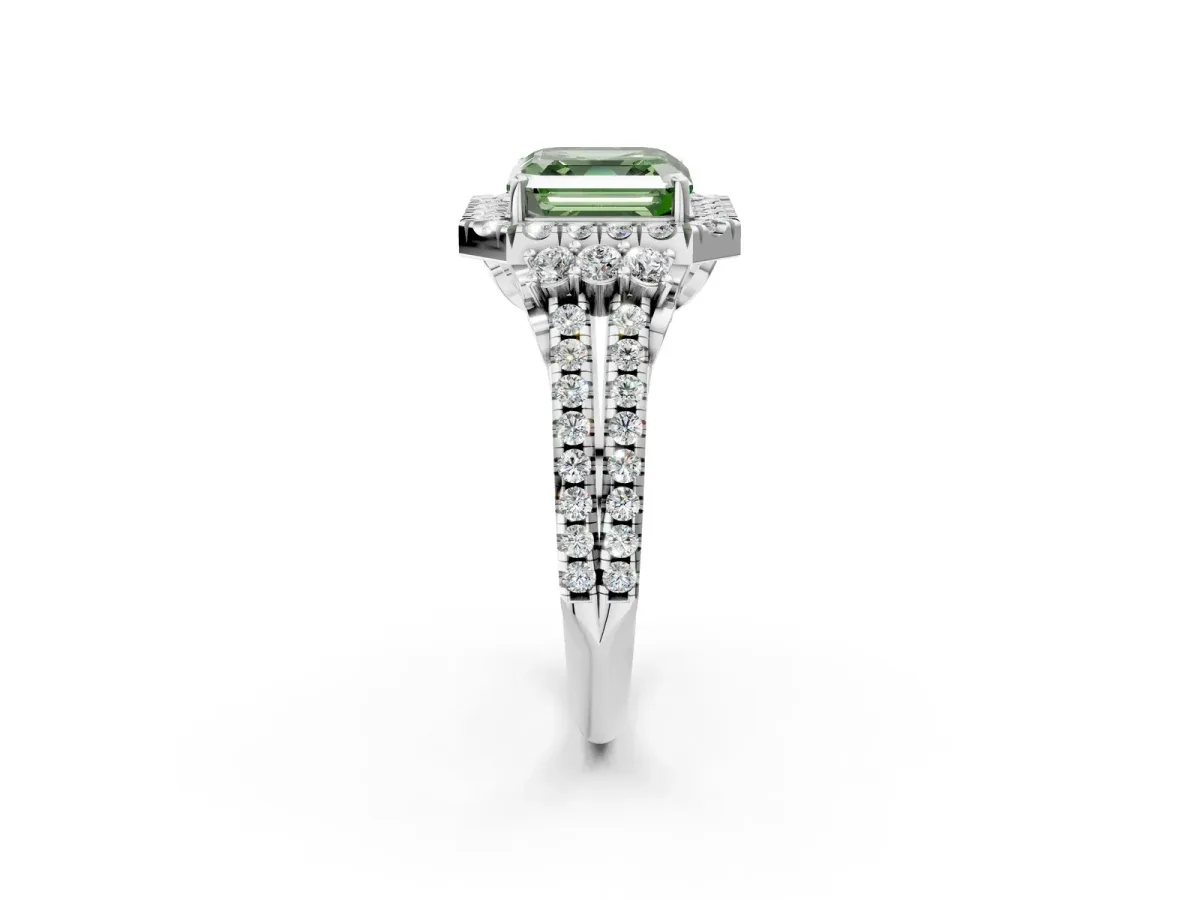 Fancy Green Asscher Cut Cut Double Halo Diamond Engagement Ring with Pave Band and Four-Prong Setting Platinum