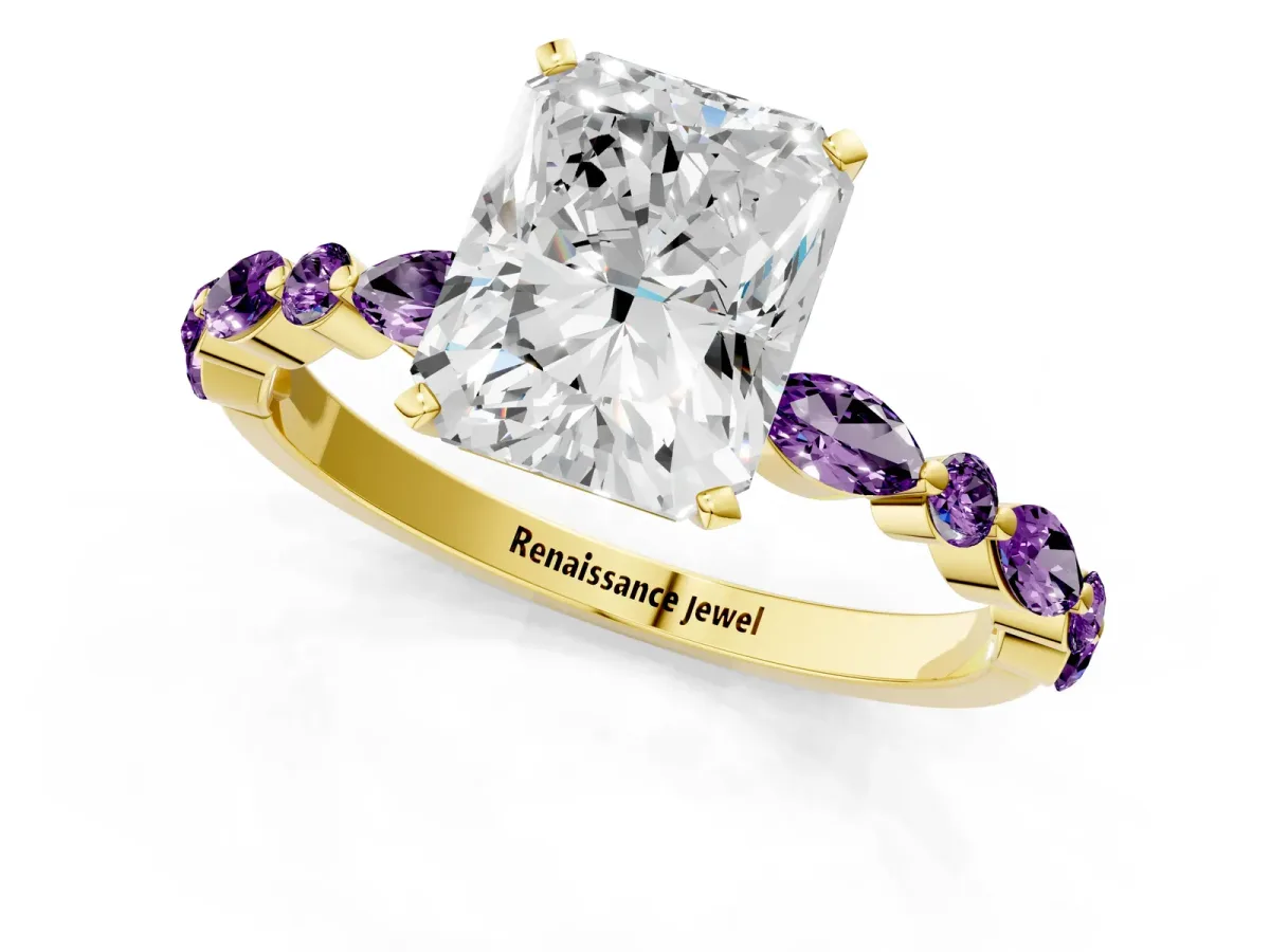 Radiant Cut Diamond Ring with Marquise and Round Amethyst Side Stones and Four-Prong Setting Yellow gold
