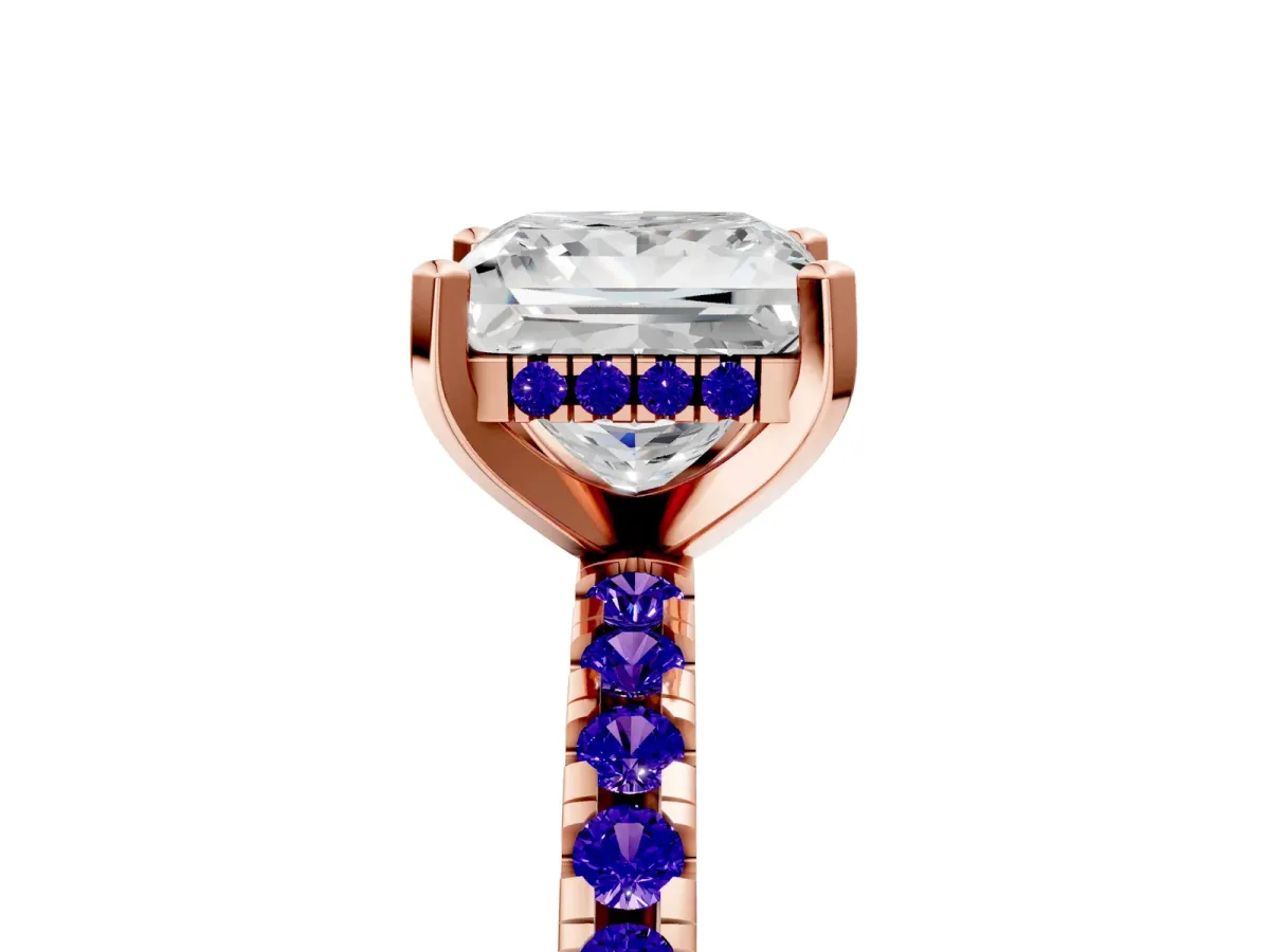 Princess Cut Diamond Solitaire Ring with Round Tanzanite Pavé Band and Four-Prong Setting Rose gold