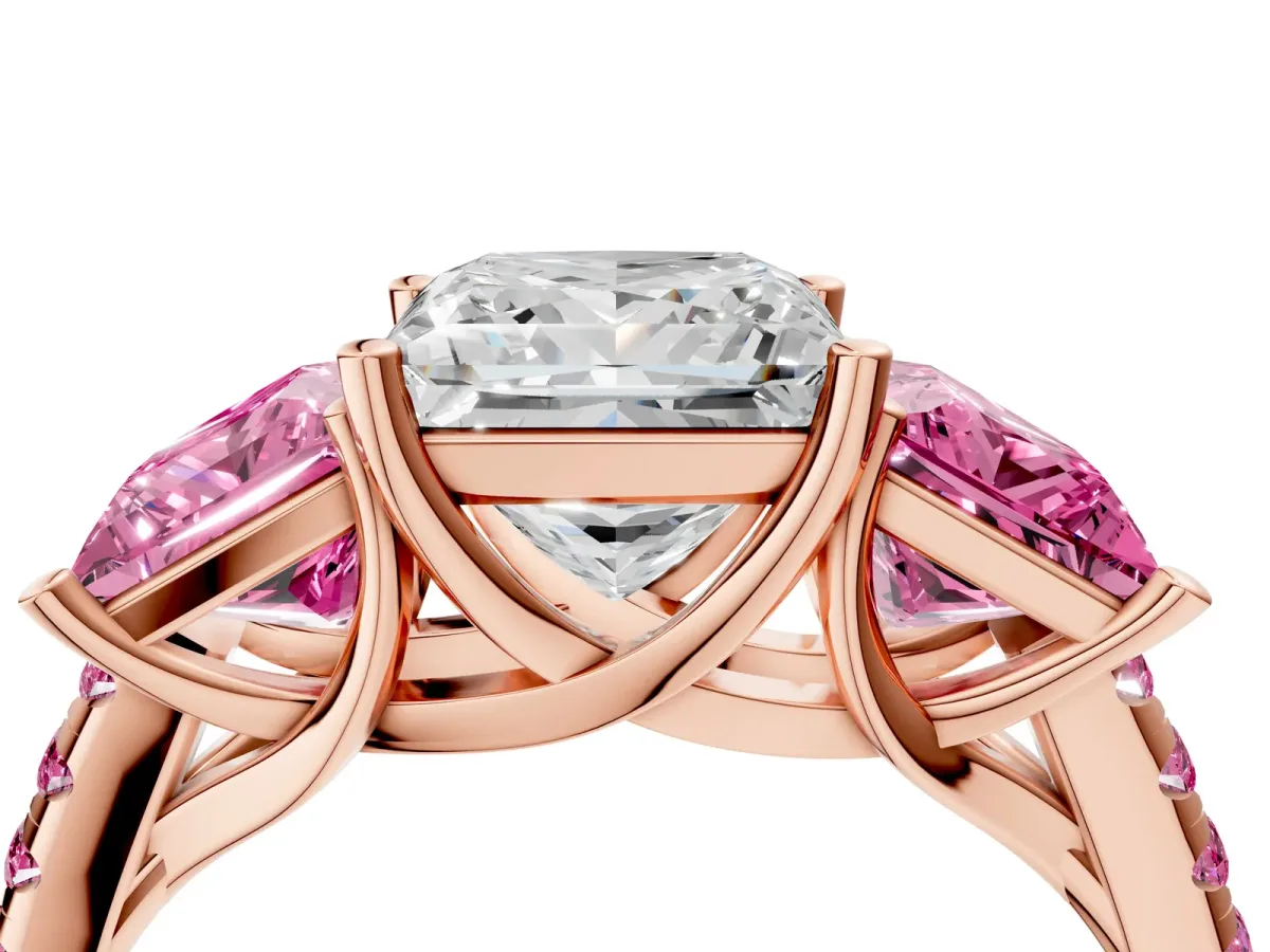 Three-Stone Princess Cut Diamond Ring with Round Pink Sapphire Pavé Band and Prong Setting Rose gold
