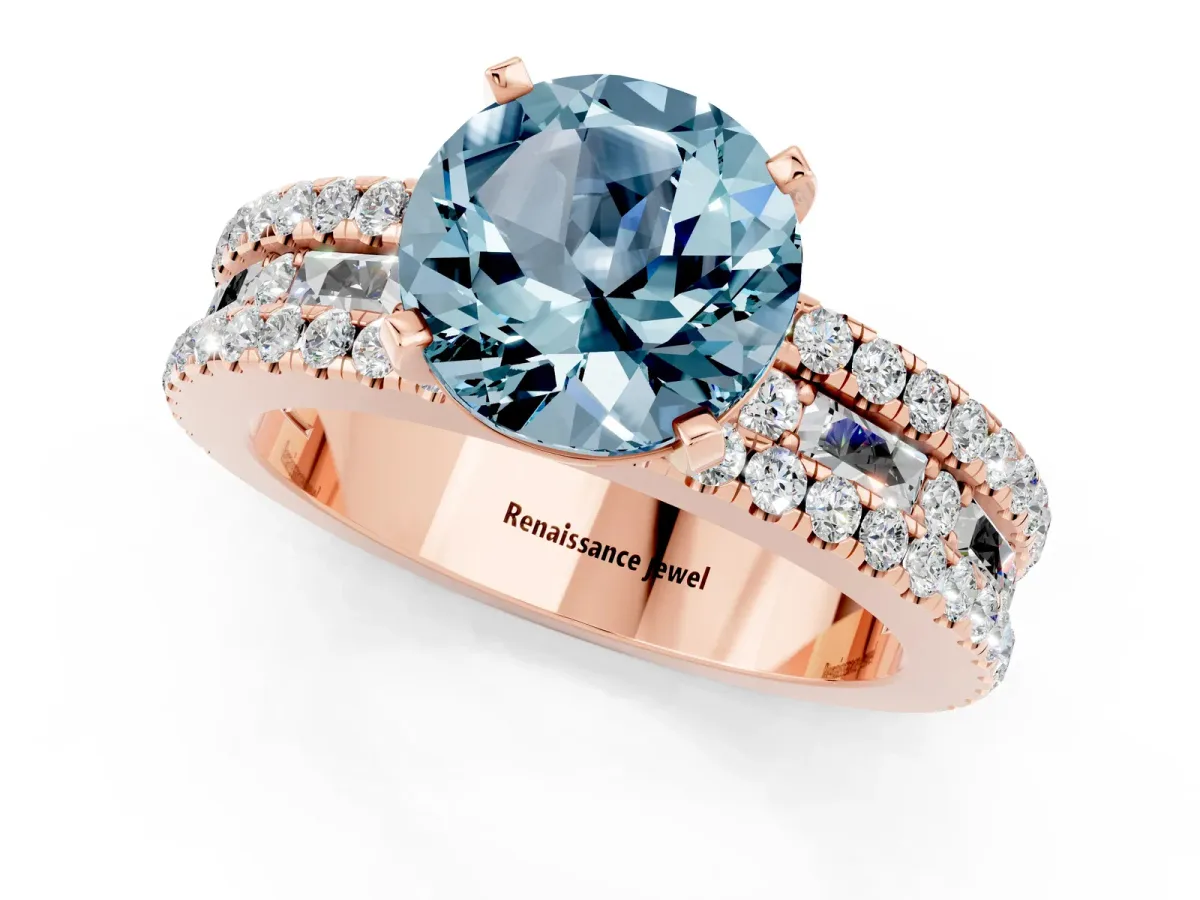 Round Cut Aquamarine Solitaire Ring with Pavé and Channel Set Band Rose gold