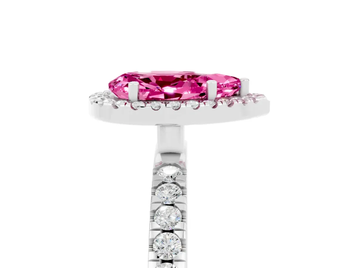 Pear Cut Pink Sapphire Classic Halo Engagement Ring with Round Pavé Band and Prong Setting Silver