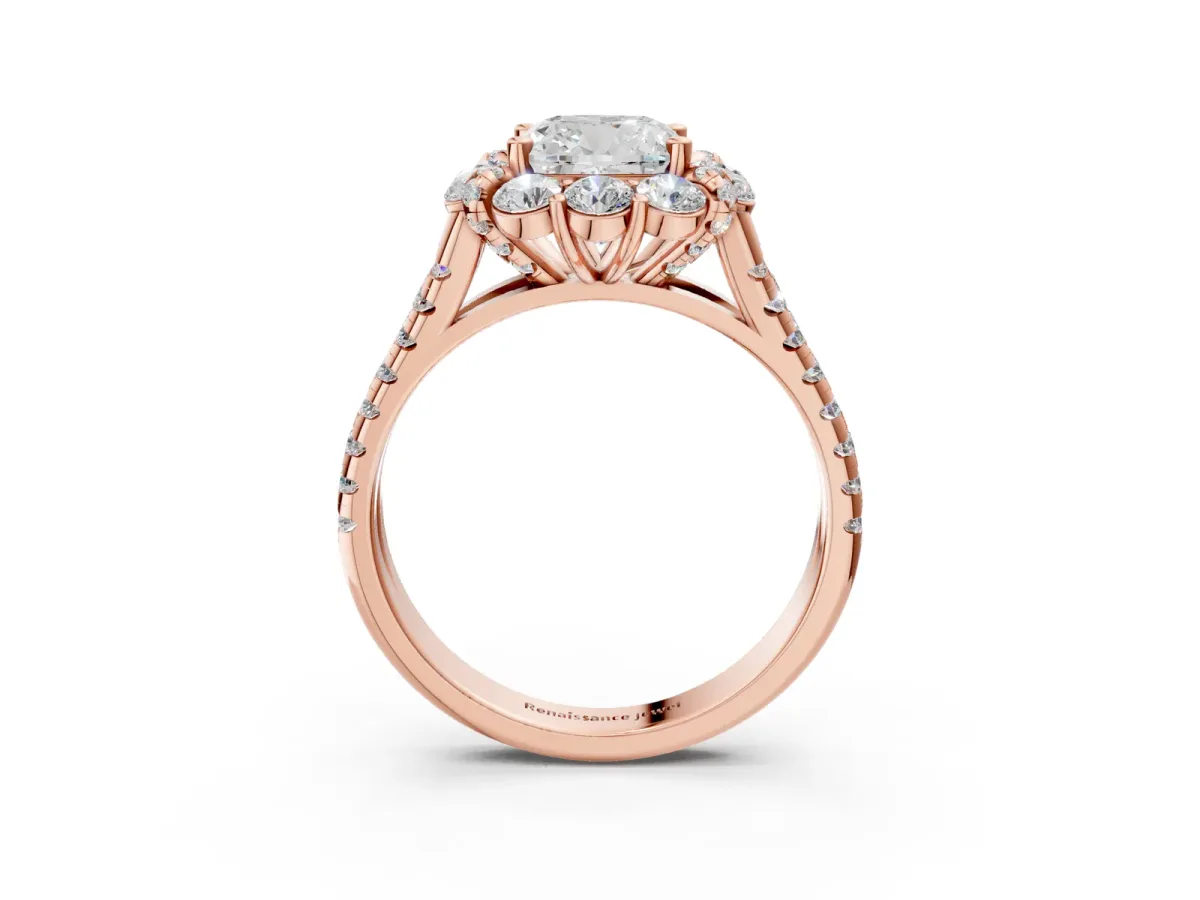 Cushion Cut Halo Split Shank Diamond Engagement Ring with Pave Band and Four-Prong Setting Rose gold