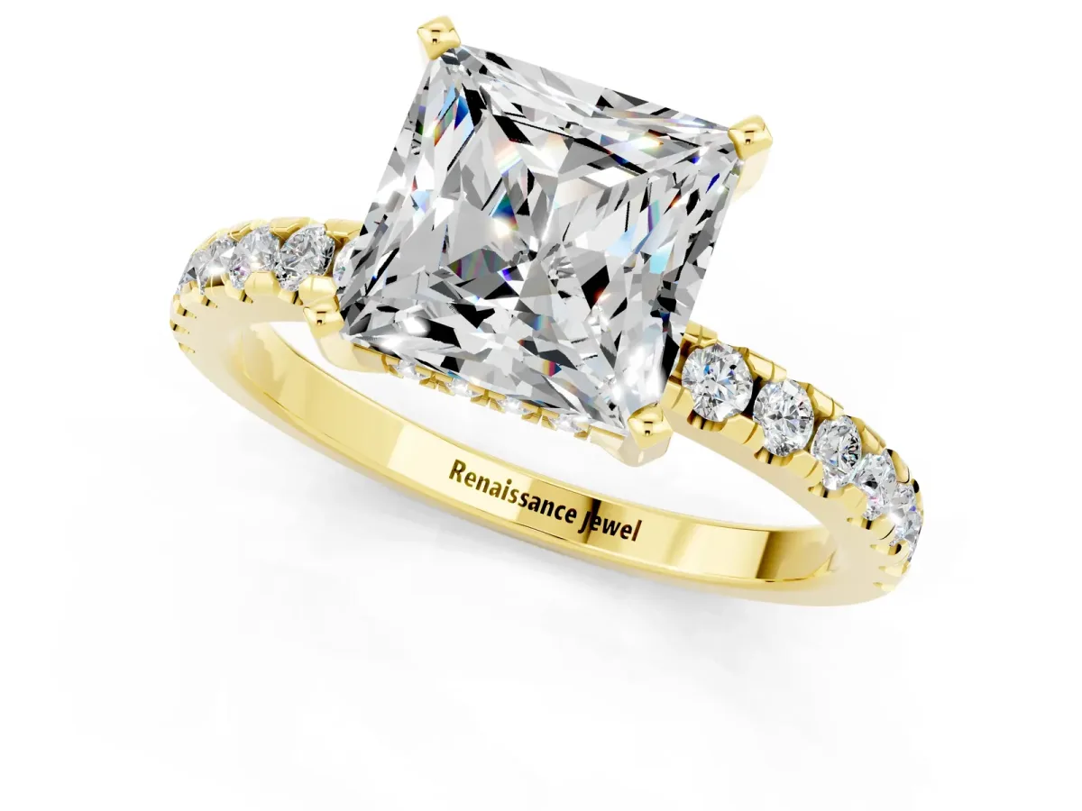 Princess Cut Moissanite Solitaire Ring with Round Pavé Band and Four-Prong Setting Yellow gold