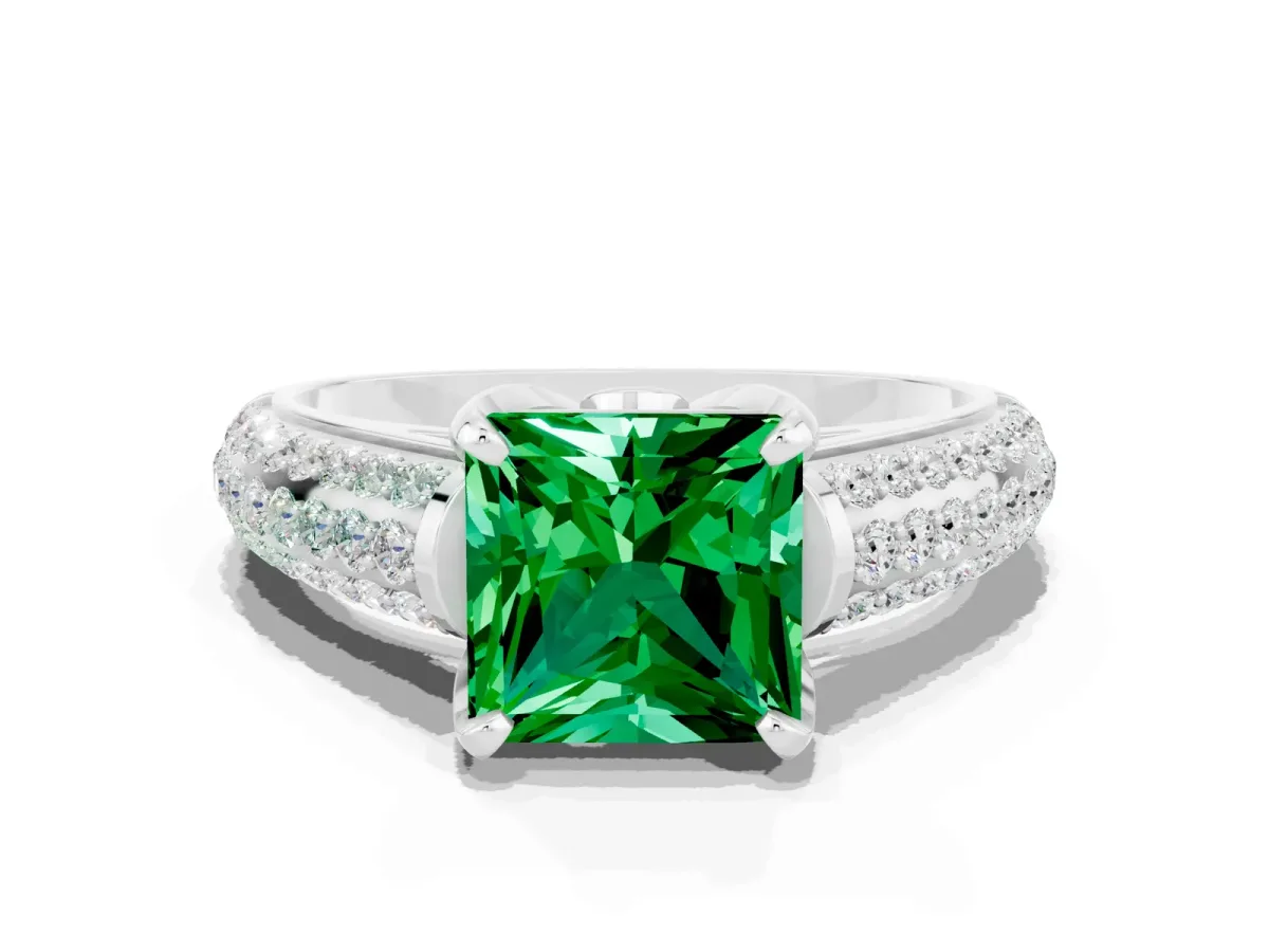 Princess Cut Emerald Solitaire Ring with Three-Row Pavé Band and Four-Prong Setting Platinum